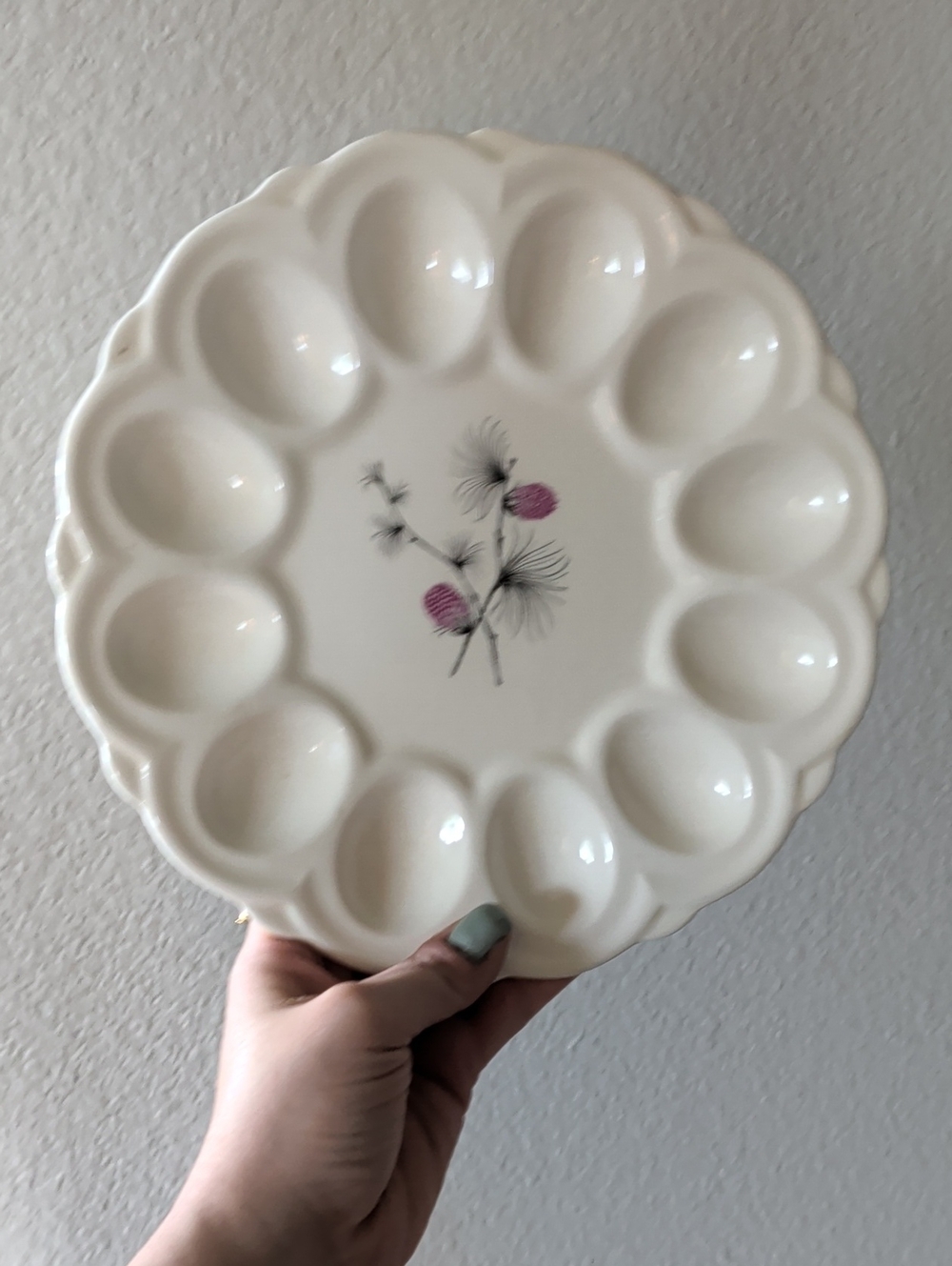 Vintage White Ceramic Deviled Egg Serving Platter with Floral Accent